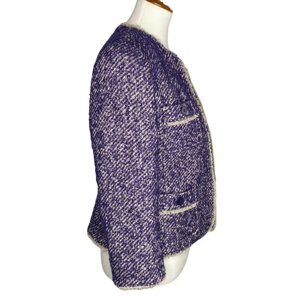 Talbots Boucle Tweed Blazer Blue Fringe Trim Open Jacket Size 8P Jackie O Preppy
